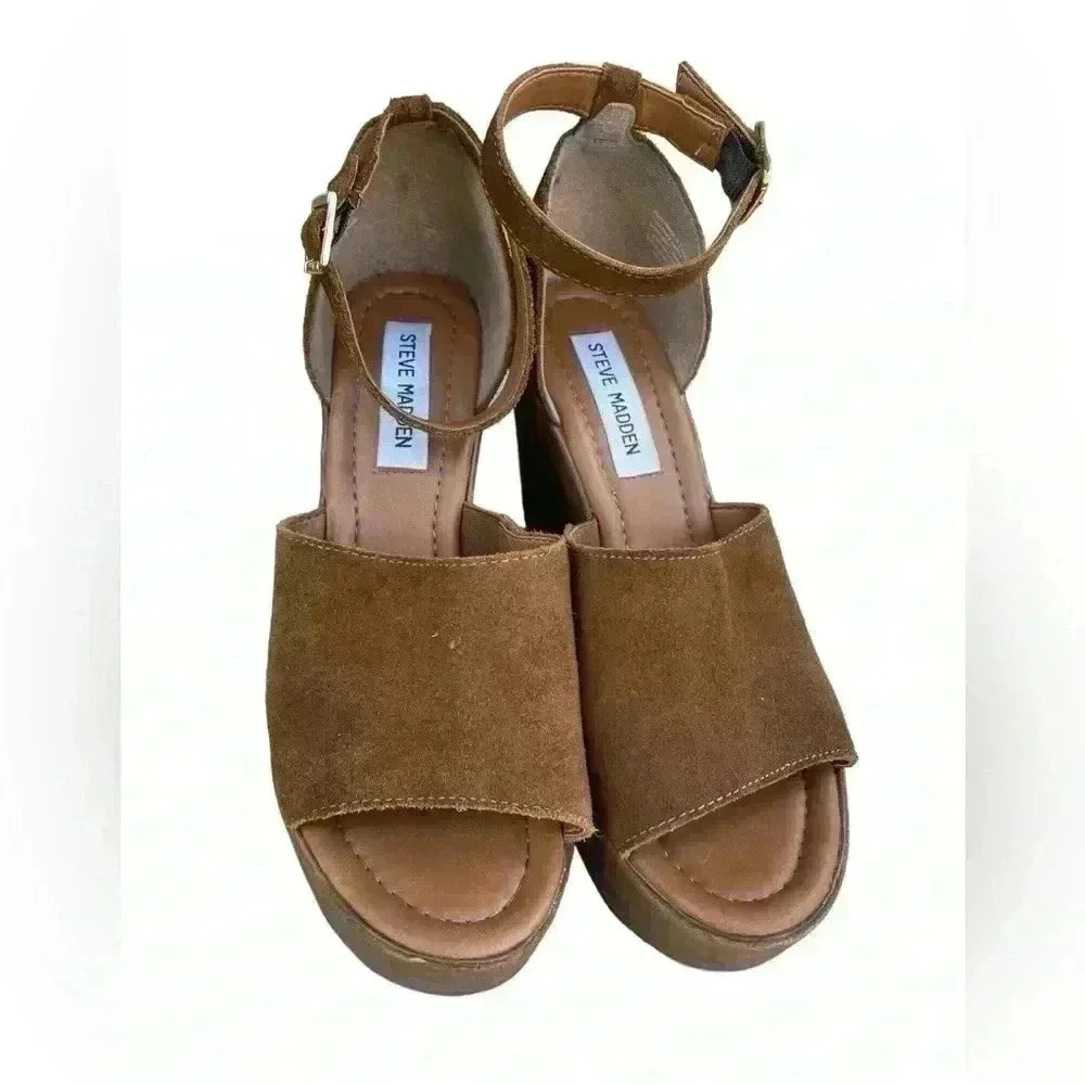 Steve Madden Ankle Strap Bellini Platform Wedge Brown Suede sandals sz 7.5